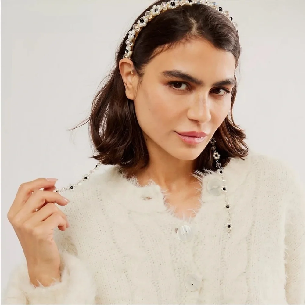 Free People x Curried Myrrh Magritte Pearl Maisie Dangle Beaded Headband NEW - Picture 2 of 8